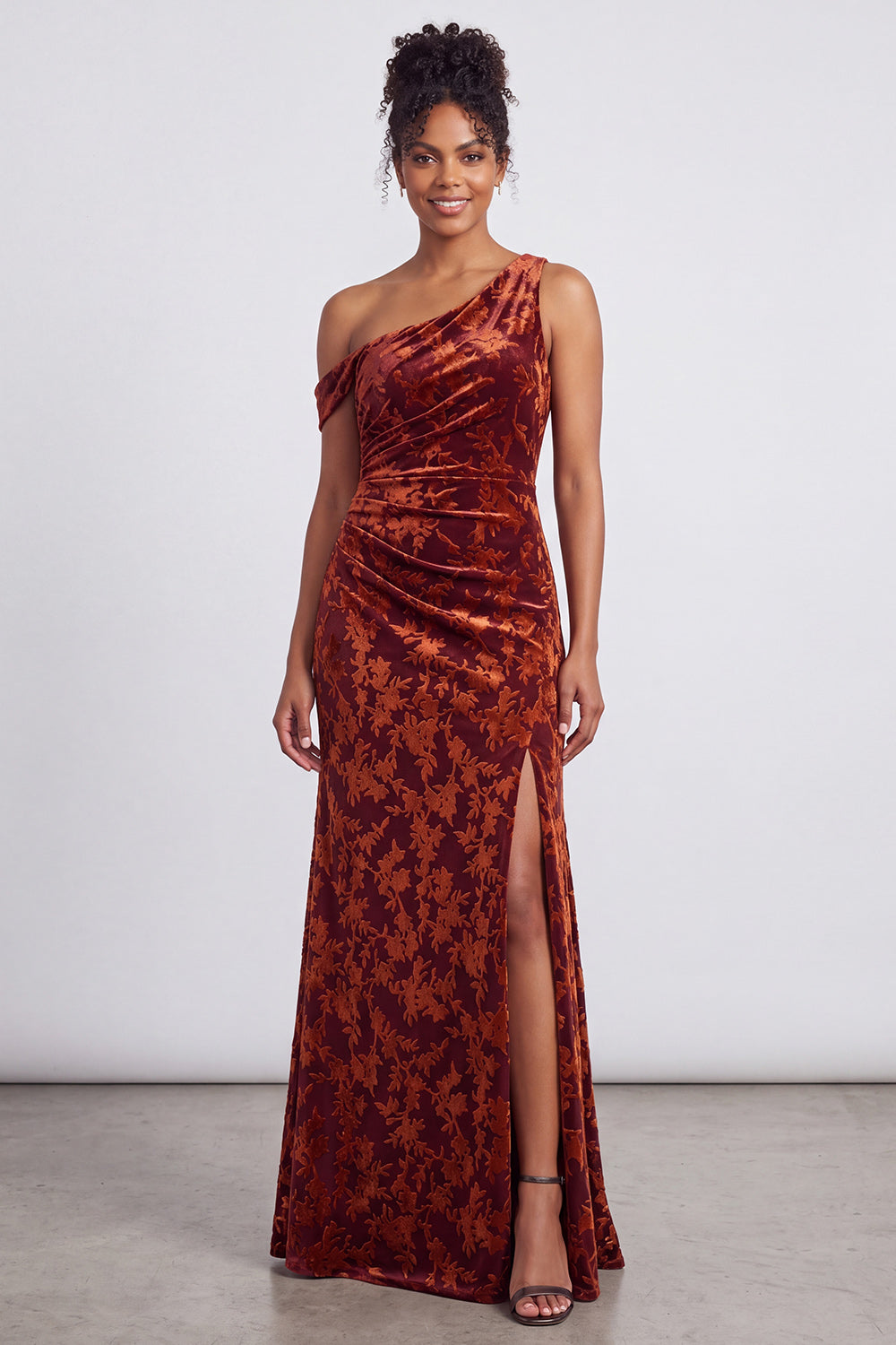 Mermaid Espresso Floral Velvet Ruched Long Holiday Party Dress with Slit