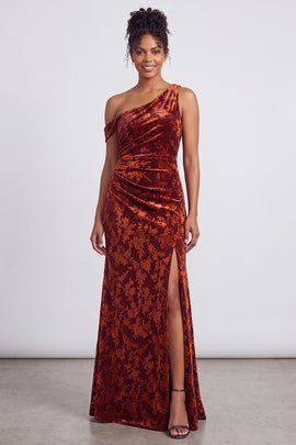 Mermaid Espresso Floral Velvet Ruched Long Holiday Party Dress with Slit