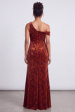 Mermaid Espresso Floral Velvet Ruched Long Holiday Party Dress with Slit