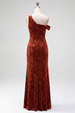 Mermaid Espresso Floral Velvet Ruched Long Holiday Party Dress with Slit