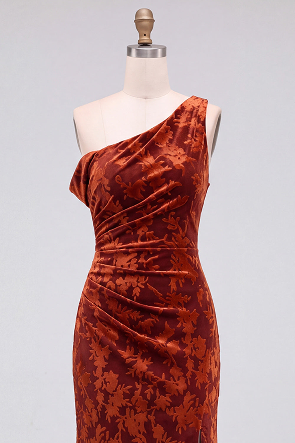 Mermaid Espresso Floral Velvet Ruched Long Holiday Party Dress with Slit