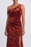 Mermaid Espresso Floral Velvet Ruched Long Holiday Party Dress with Slit