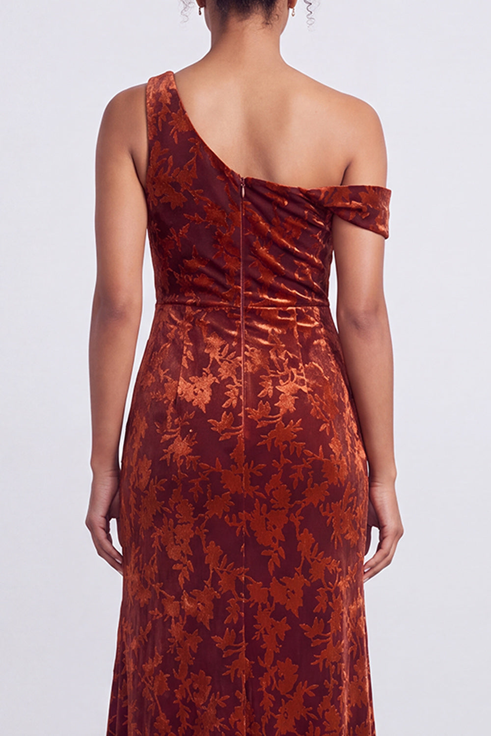 Mermaid Espresso Floral Velvet Ruched Long Holiday Party Dress with Slit