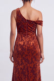 Mermaid Espresso Floral Velvet Ruched Long Holiday Party Dress with Slit