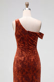 Mermaid Espresso Floral Velvet Ruched Long Holiday Party Dress with Slit