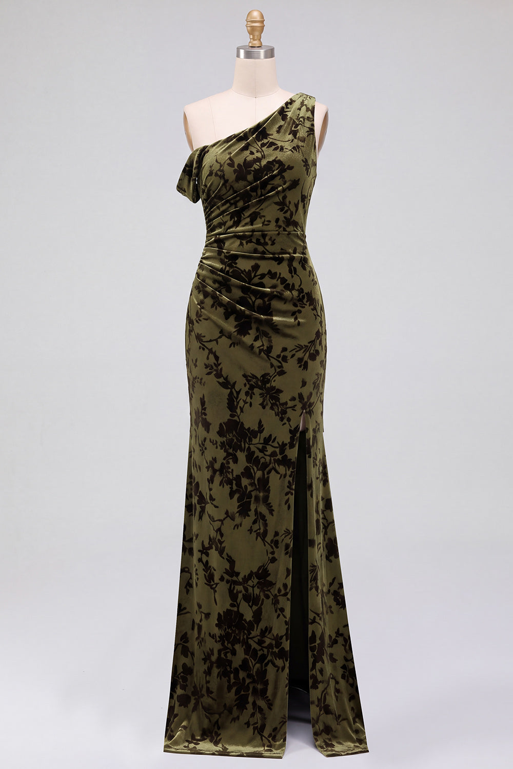 Mermaid Espresso Floral Velvet Ruched Long Holiday Party Dress with Slit
