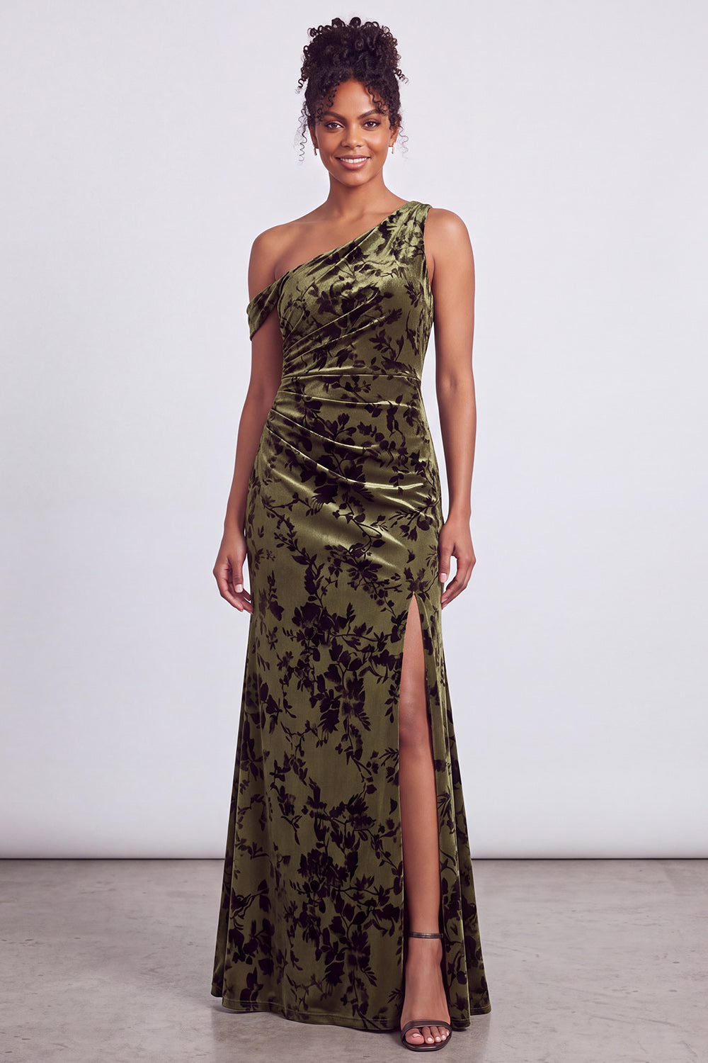 Mermaid Espresso Floral Velvet Ruched Long Holiday Party Dress with Slit