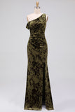 Mermaid Espresso Floral Velvet Ruched Long Holiday Party Dress with Slit