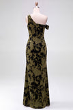 Mermaid Espresso Floral Velvet Ruched Long Holiday Party Dress with Slit