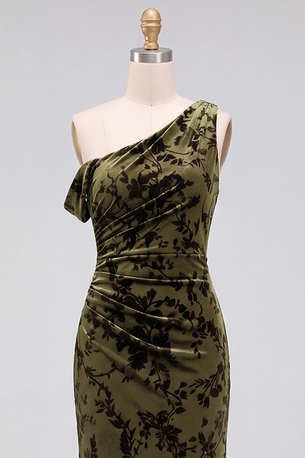 Mermaid Espresso Floral Velvet Ruched Long Holiday Party Dress with Slit