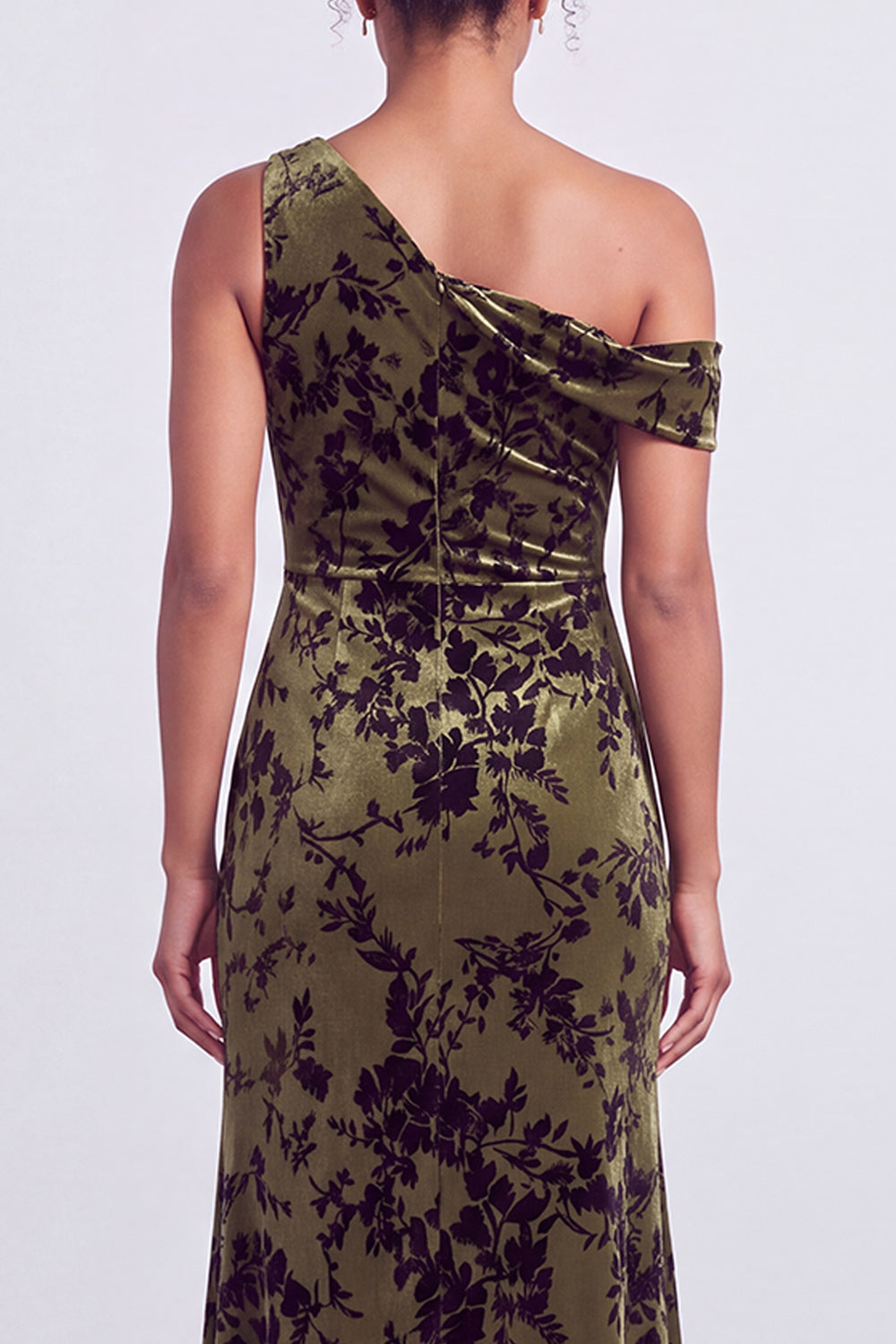Mermaid Espresso Floral Velvet Ruched Long Holiday Party Dress with Slit