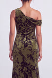 Mermaid Espresso Floral Velvet Ruched Long Holiday Party Dress with Slit