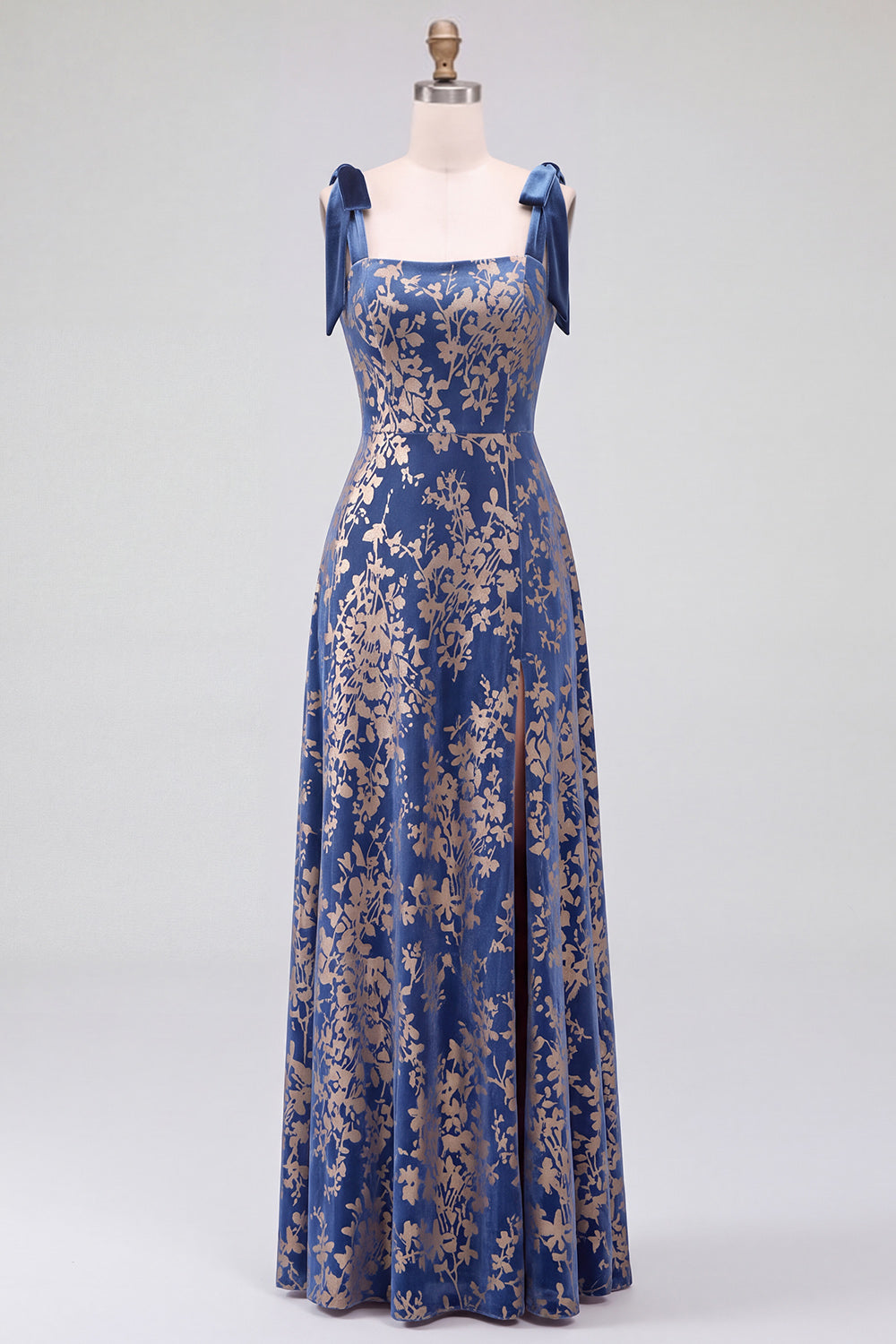 A-Line Square Neck Dark Green Floral Velvet Long Holiday Party Dress with Slit