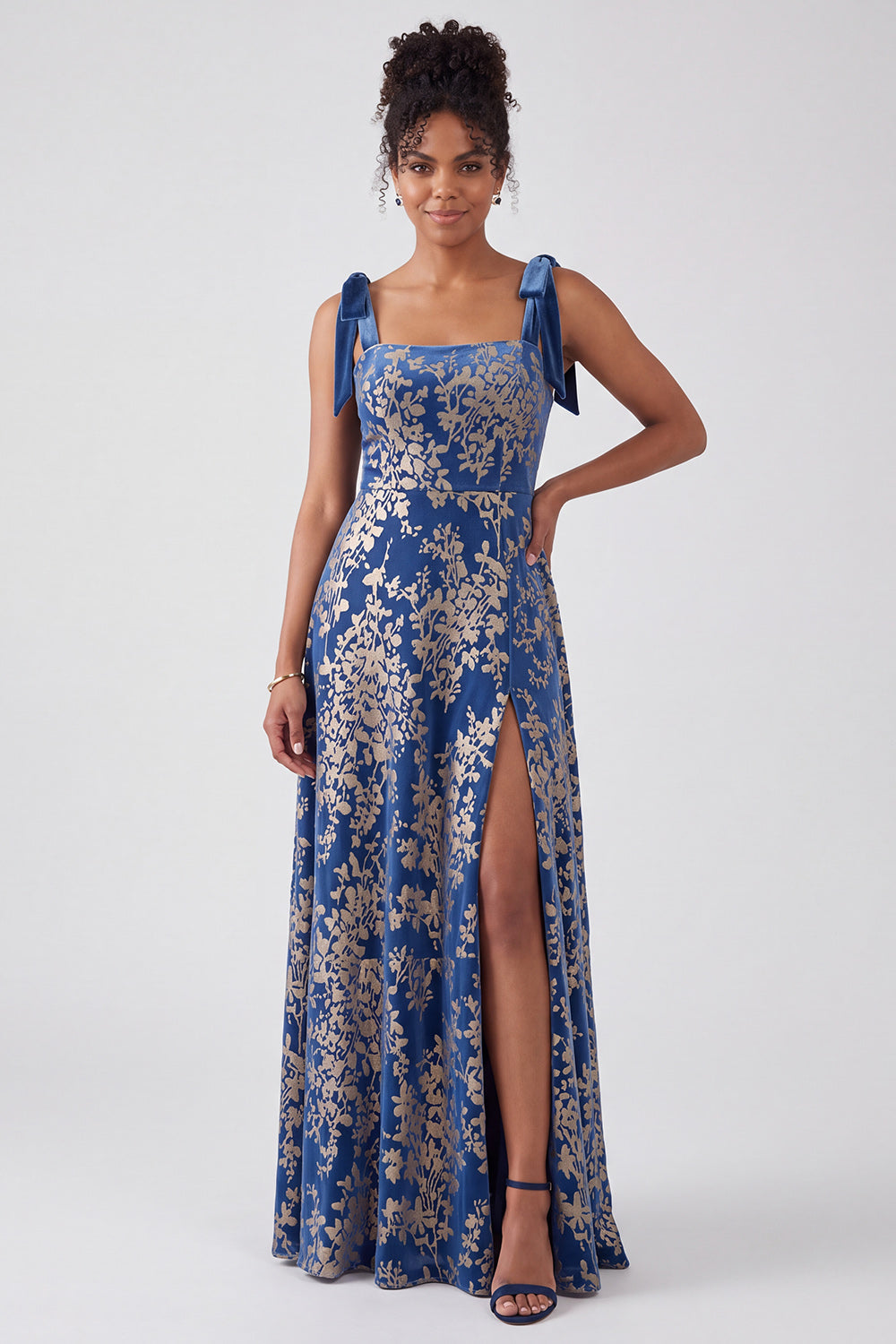 A-Line Square Neck Dark Green Floral Velvet Long Holiday Party Dress with Slit