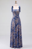 A-Line Square Neck Dark Green Floral Velvet Long Holiday Party Dress with Slit