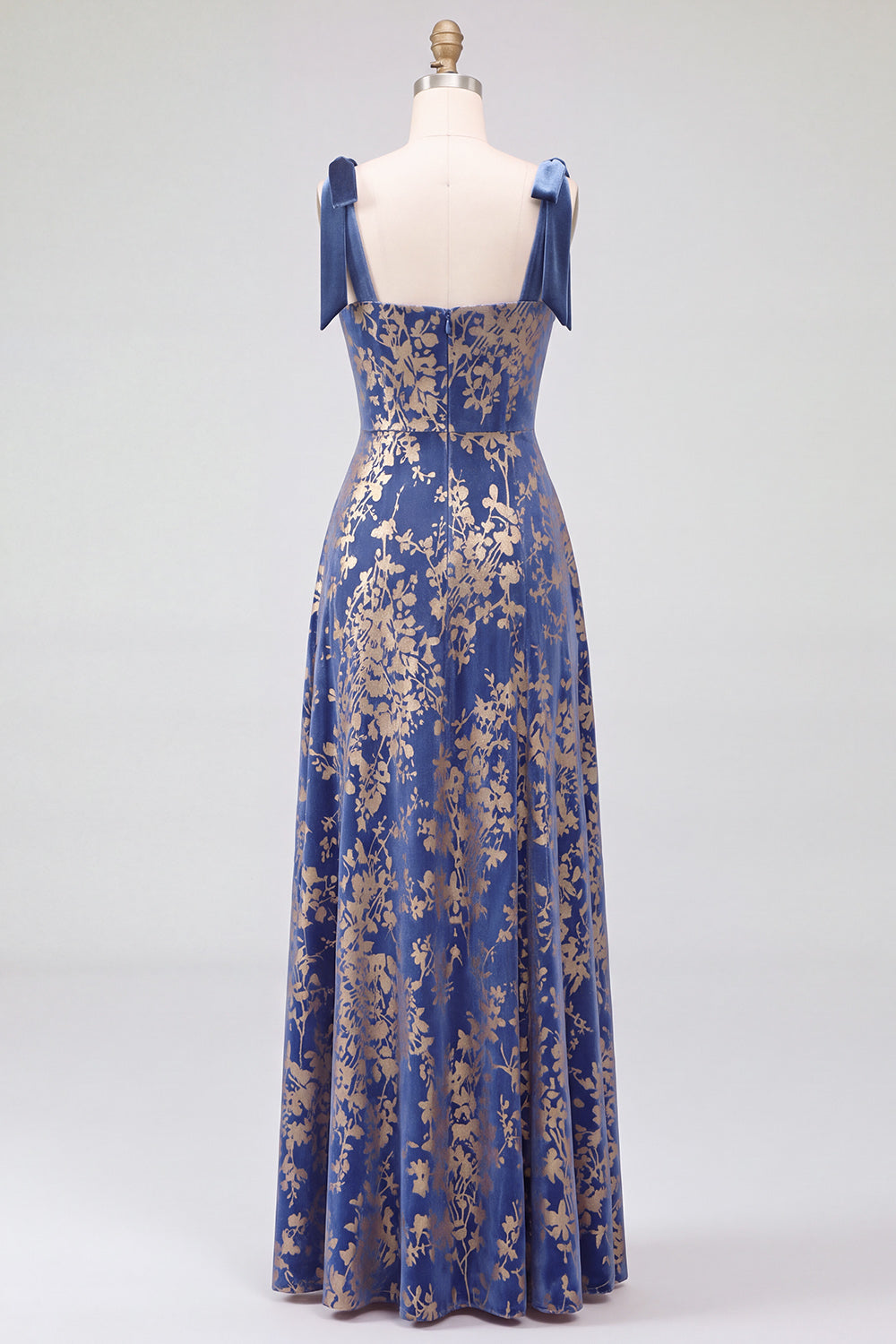 A-Line Square Neck Dark Green Floral Velvet Long Holiday Party Dress with Slit