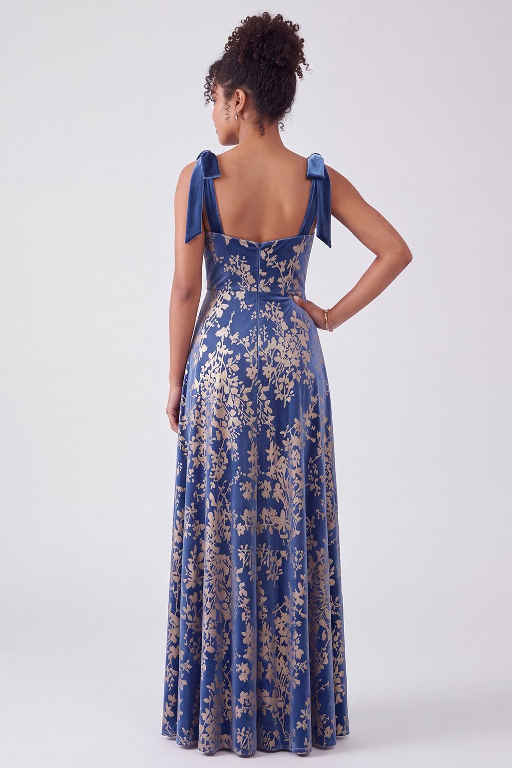 A-Line Square Neck Dark Green Floral Velvet Long Holiday Party Dress with Slit