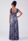 A-Line Square Neck Dark Green Floral Velvet Long Holiday Party Dress with Slit