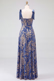 A-Line Square Neck Dark Green Floral Velvet Long Holiday Party Dress with Slit