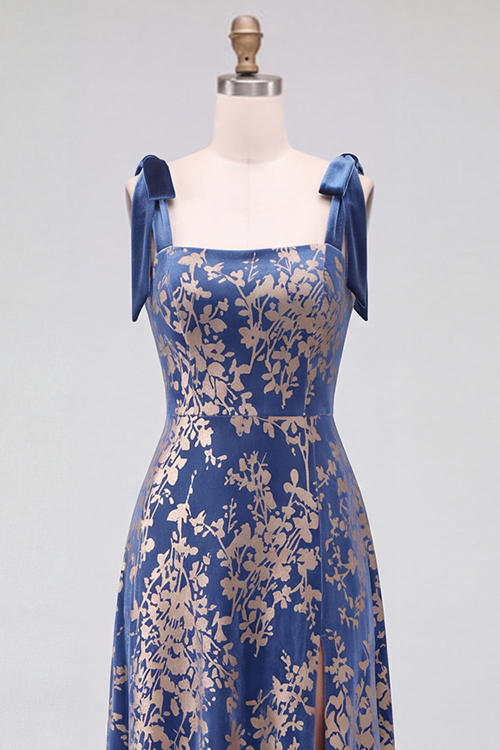 A-Line Square Neck Dark Green Floral Velvet Long Holiday Party Dress with Slit