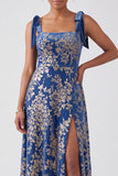 A-Line Square Neck Dark Green Floral Velvet Long Holiday Party Dress with Slit
