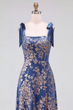 A-Line Square Neck Dark Green Floral Velvet Long Holiday Party Dress with Slit