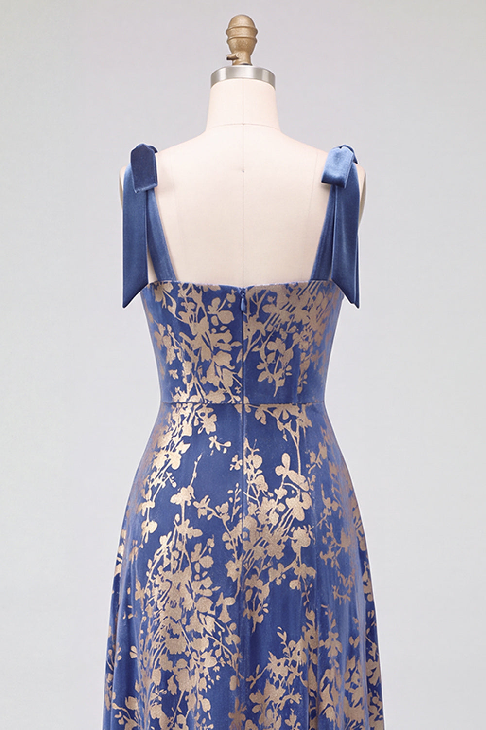 A-Line Square Neck Dark Green Floral Velvet Long Holiday Party Dress with Slit