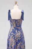 A-Line Square Neck Dark Green Floral Velvet Long Holiday Party Dress with Slit