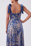 A-Line Square Neck Dark Green Floral Velvet Long Holiday Party Dress with Slit
