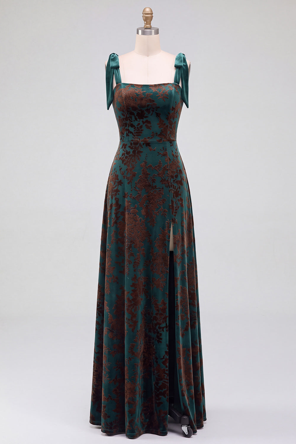 A-Line Square Neck Dark Green Floral Velvet Long Holiday Party Dress with Slit