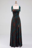 A-Line Square Neck Dark Green Floral Velvet Long Holiday Party Dress with Slit
