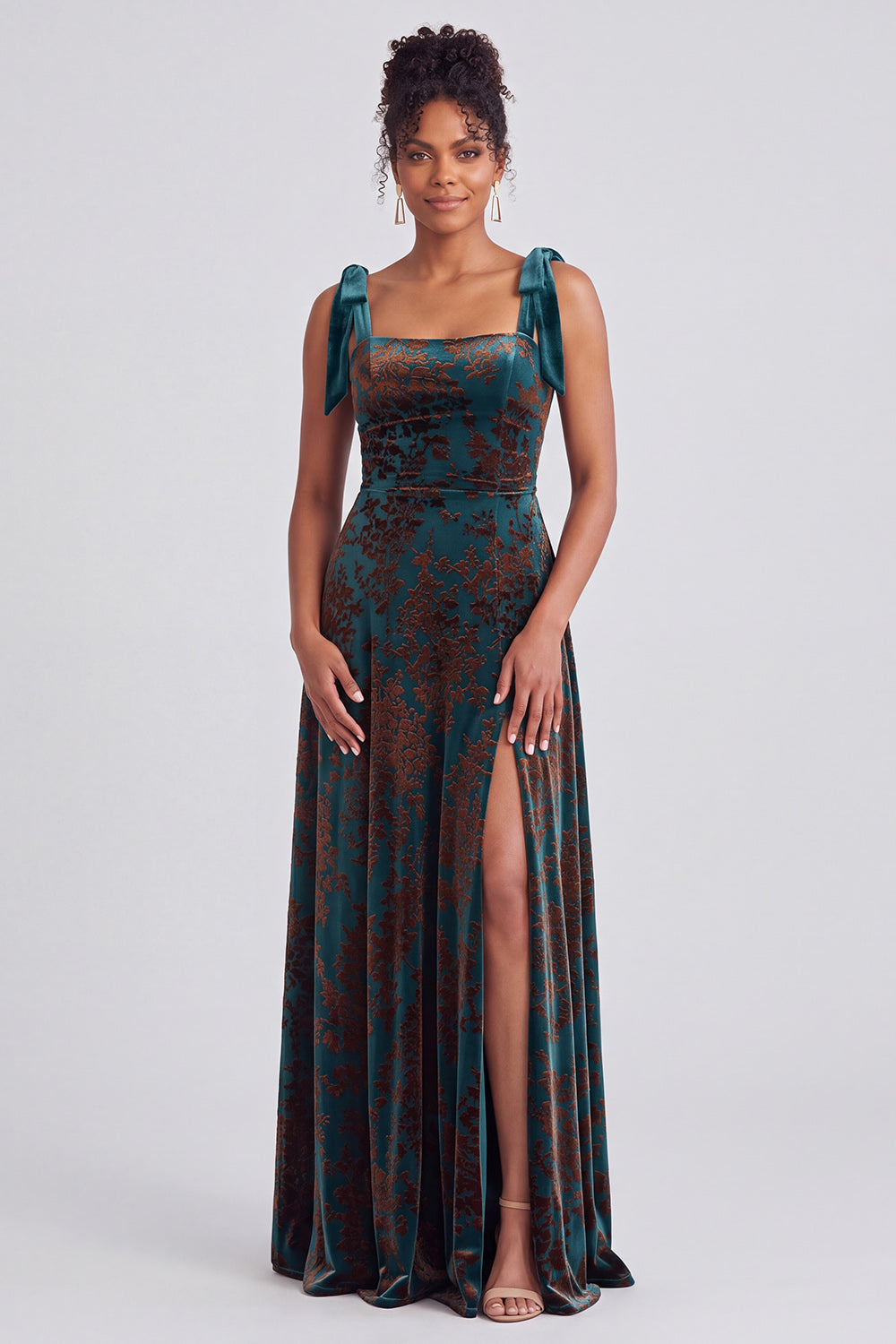 A-Line Square Neck Dark Green Floral Velvet Long Holiday Party Dress with Slit