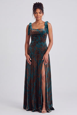 A-Line Square Neck Dark Green Floral Velvet Long Holiday Party Dress with Slit