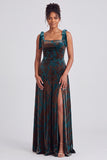 A-Line Square Neck Dark Green Floral Velvet Long Holiday Party Dress with Slit