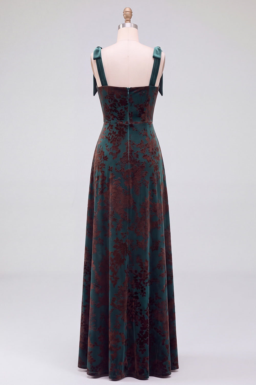 A-Line Square Neck Dark Green Floral Velvet Long Holiday Party Dress with Slit