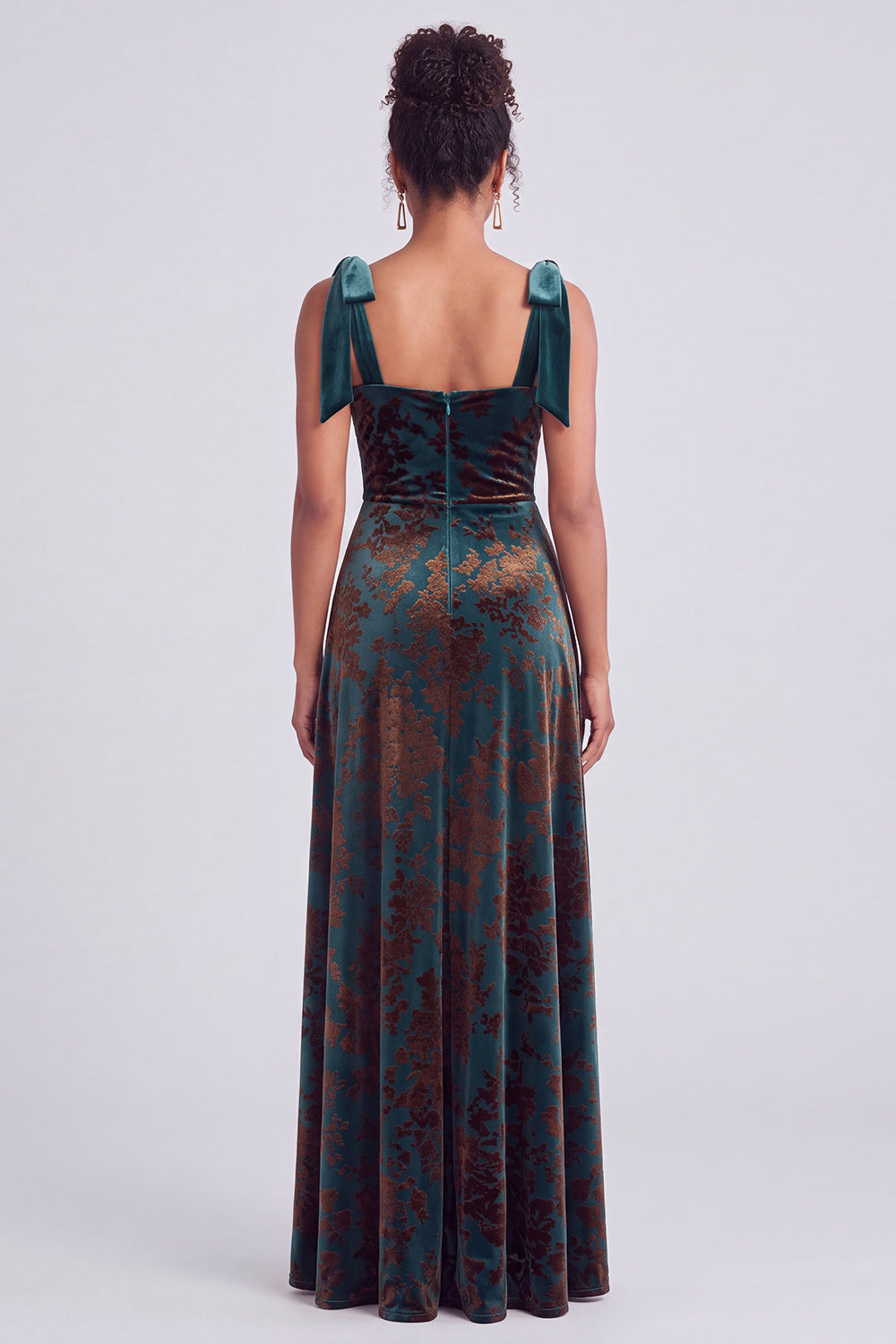 A-Line Square Neck Dark Green Floral Velvet Long Holiday Party Dress with Slit