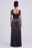 A-Line Square Neck Dark Green Floral Velvet Long Holiday Party Dress with Slit