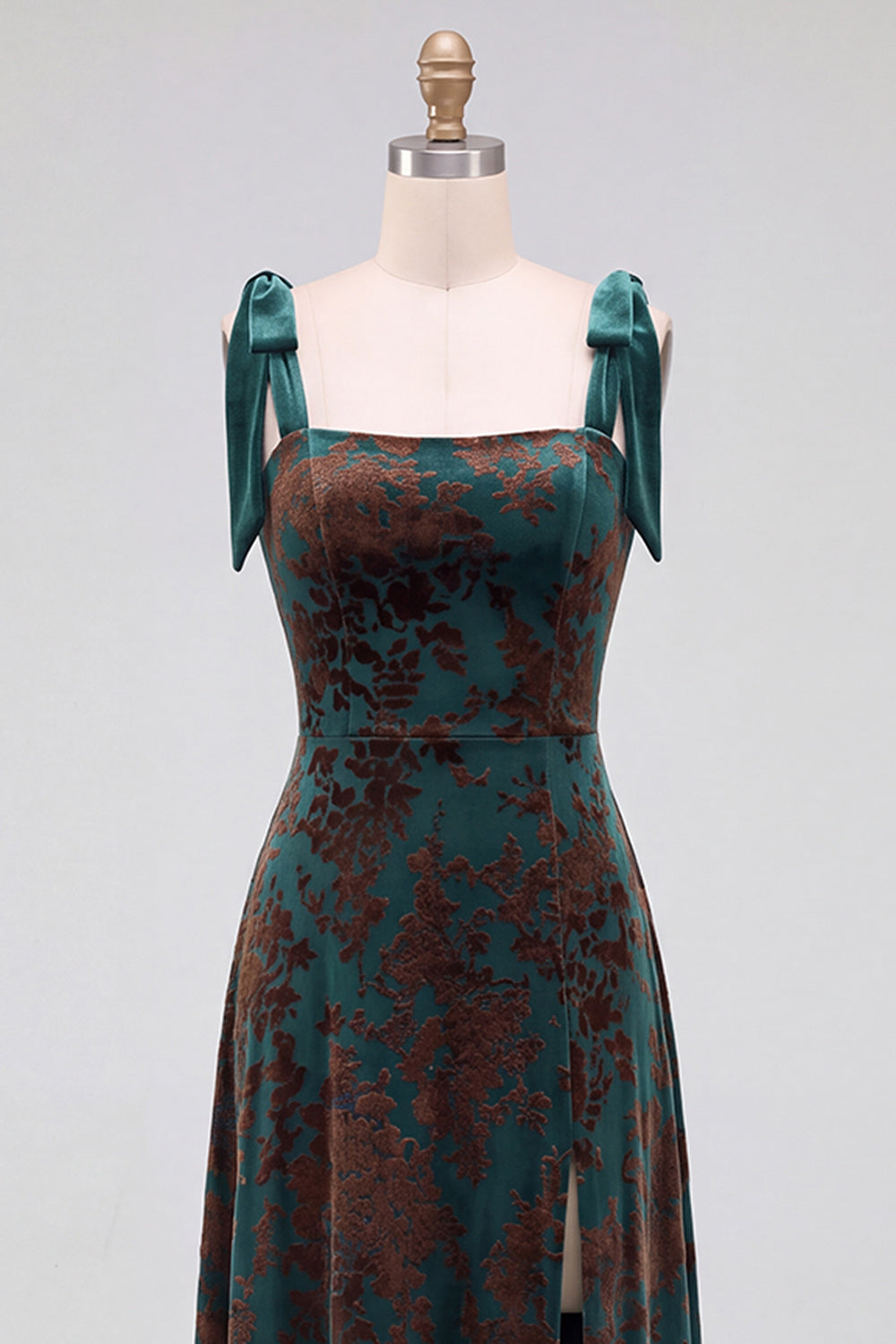 A-Line Square Neck Dark Green Floral Velvet Long Holiday Party Dress with Slit