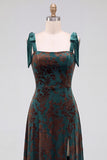 A-Line Square Neck Dark Green Floral Velvet Long Holiday Party Dress with Slit