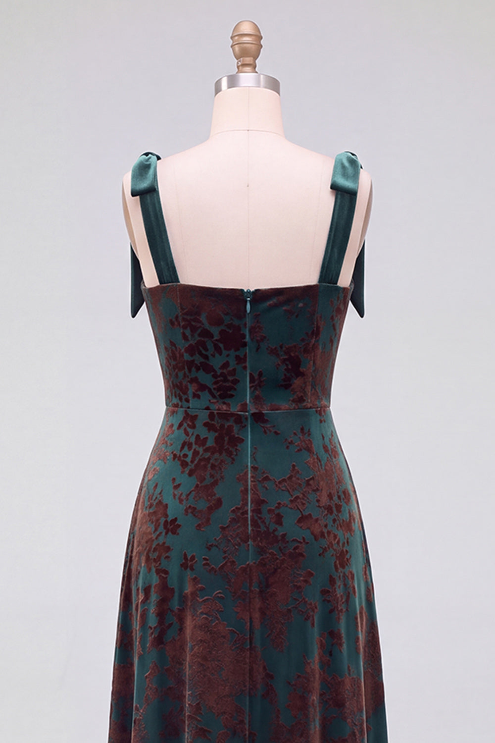 A-Line Square Neck Dark Green Floral Velvet Long Holiday Party Dress with Slit