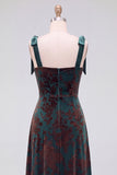 A-Line Square Neck Dark Green Floral Velvet Long Holiday Party Dress with Slit