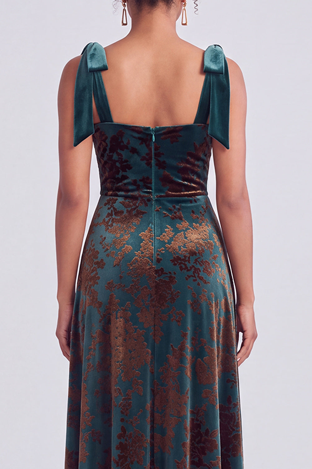 A-Line Square Neck Dark Green Floral Velvet Long Holiday Party Dress with Slit