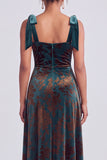 A-Line Square Neck Dark Green Floral Velvet Long Holiday Party Dress with Slit
