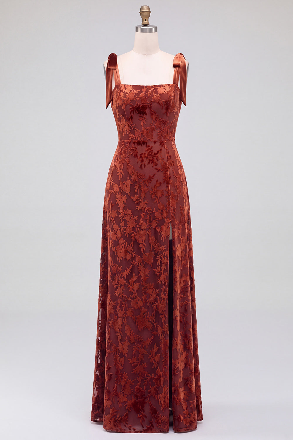 A-Line Square Neck Dark Green Floral Velvet Long Holiday Party Dress with Slit