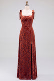 A-Line Square Neck Dark Green Floral Velvet Long Holiday Party Dress with Slit