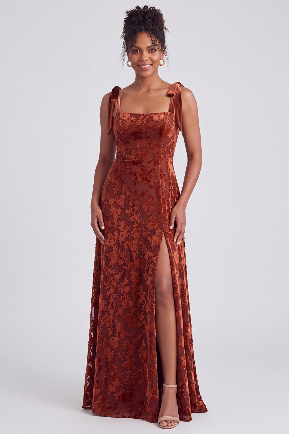 A-Line Square Neck Dark Green Floral Velvet Long Holiday Party Dress with Slit