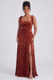 A-Line Square Neck Dark Green Floral Velvet Long Holiday Party Dress with Slit