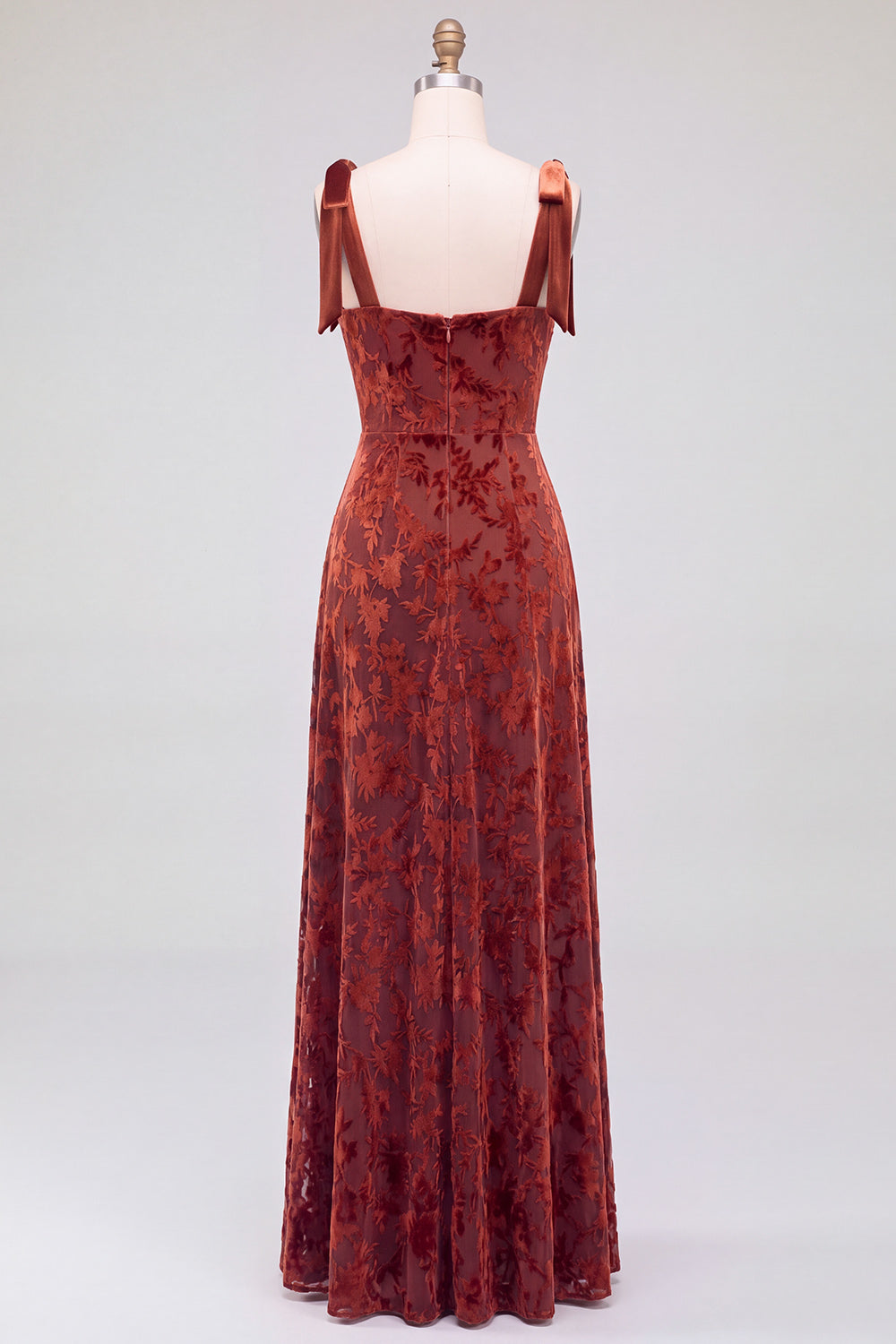A-Line Square Neck Dark Green Floral Velvet Long Holiday Party Dress with Slit