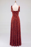 A-Line Square Neck Dark Green Floral Velvet Long Holiday Party Dress with Slit