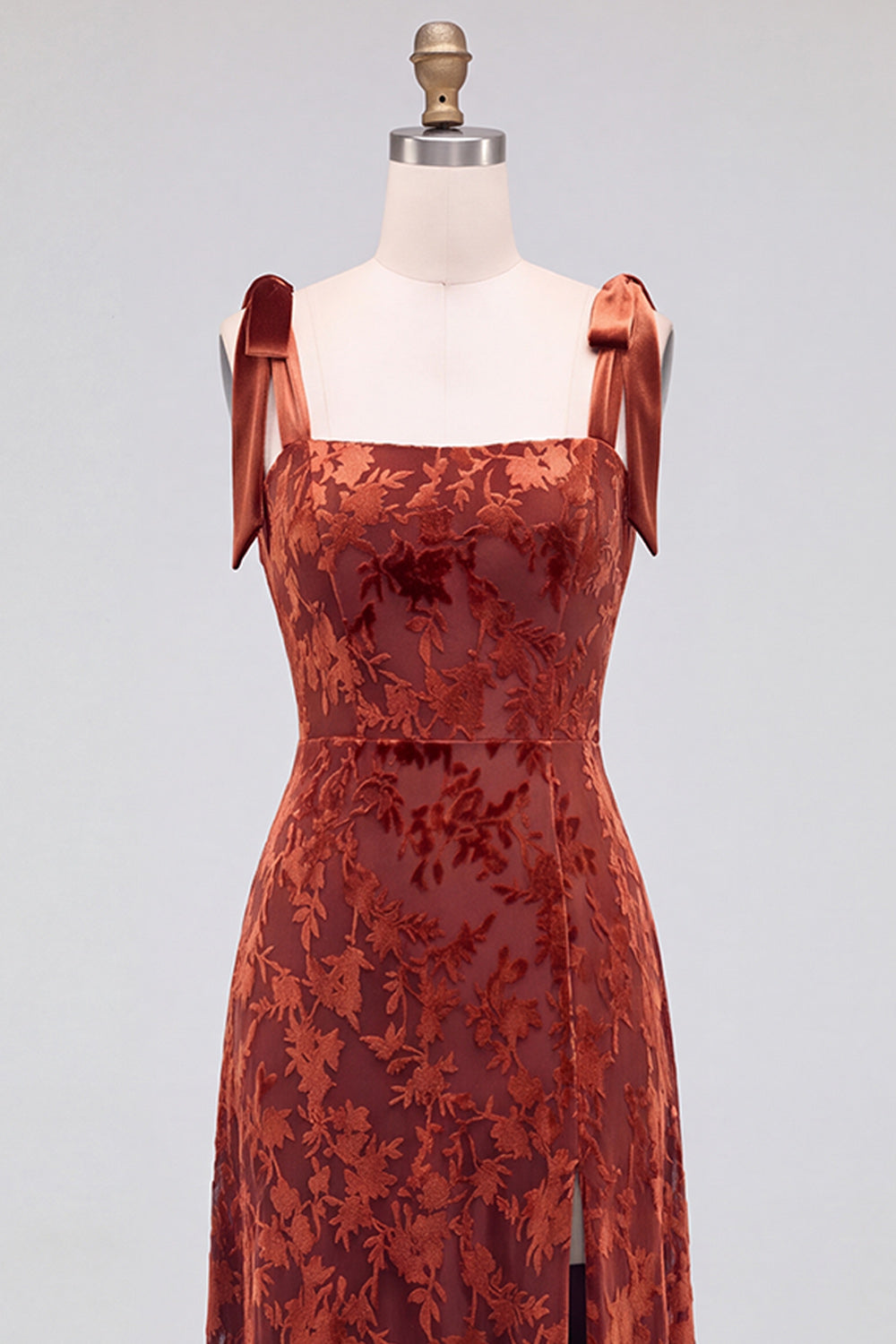 A-Line Square Neck Dark Green Floral Velvet Long Holiday Party Dress with Slit